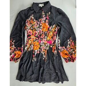YstGuic Floral Mini Dress Womens Small Black Balloon Sleeve A-Line